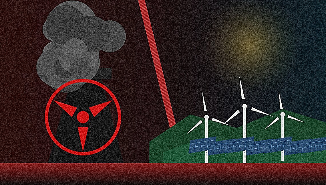 Kontrastreiches politisches Posterbild mit dunklem Atomkraft-Schatten links und einer grünen erneuerbaren Zukunft mit Windrädern und Solarpanels rechts.